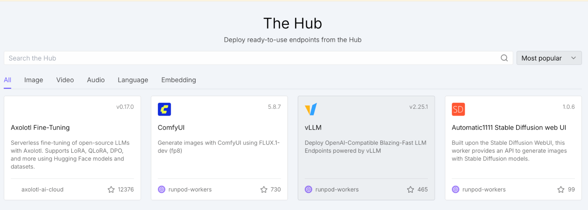 Runpod Hub showing the vLLM Serverless listing