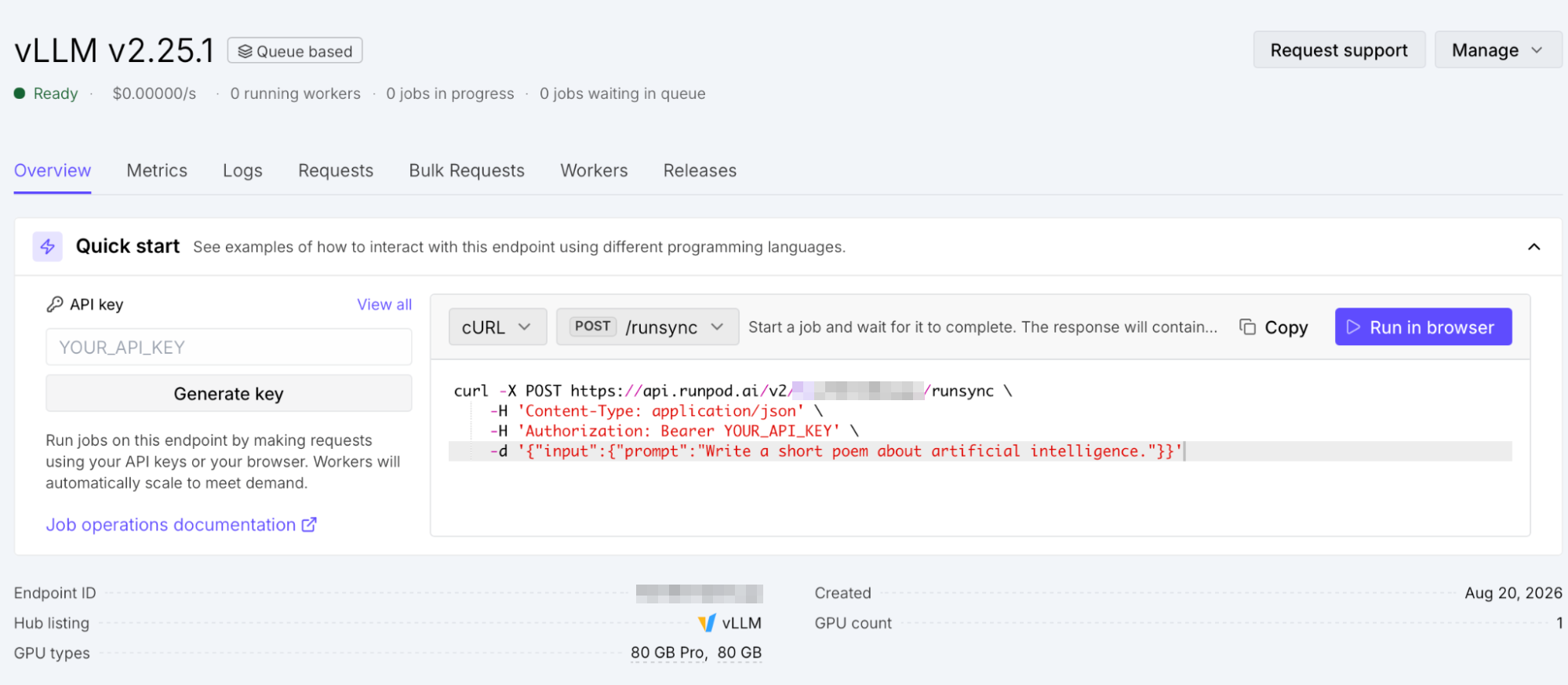 A successfully created Qwen3.8-27B Serverless endpoint in Runpod