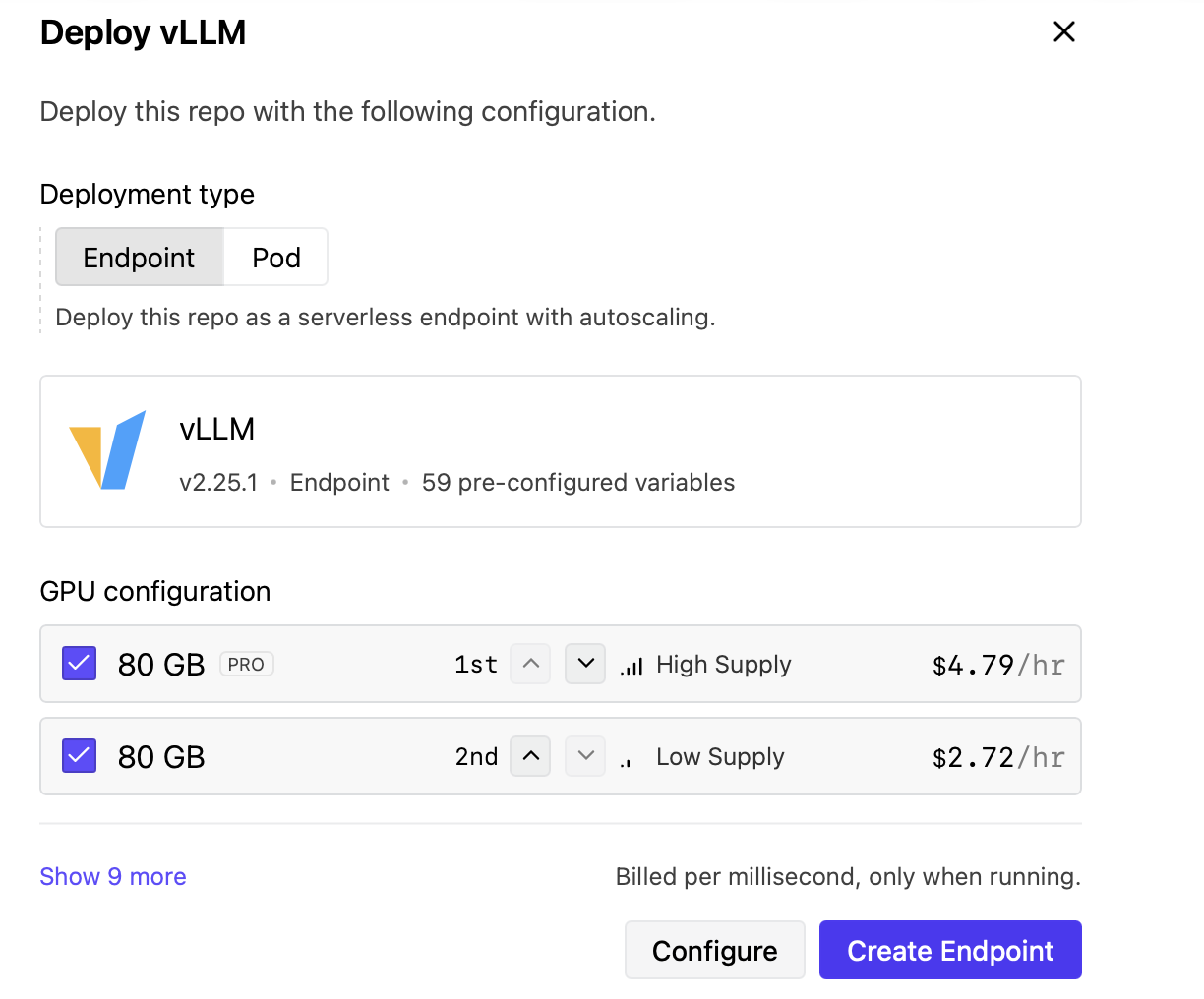 Runpod Serverless GPU selection options for the vLLM deployment