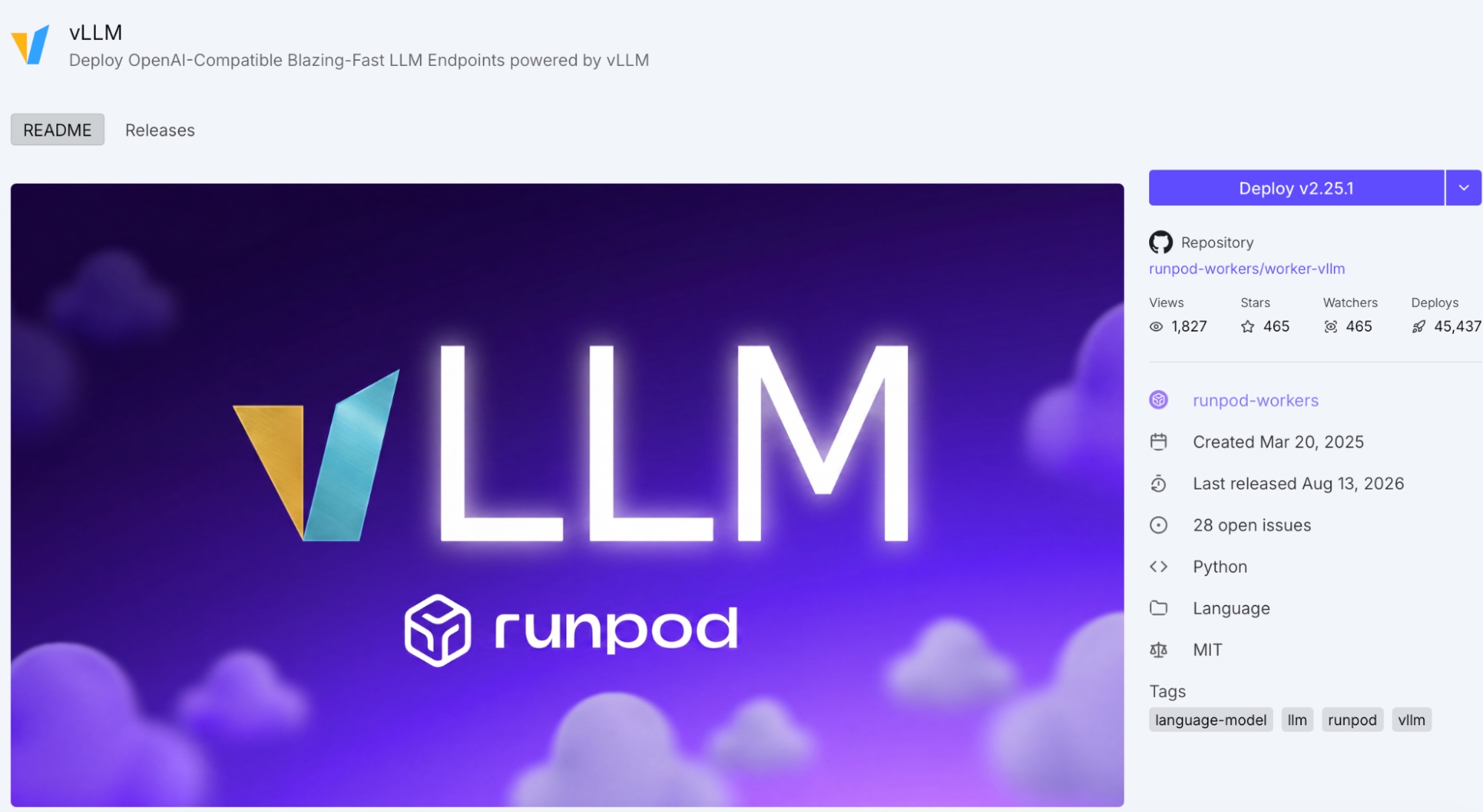 Runpod vLLM deployment screen with the latest version selected