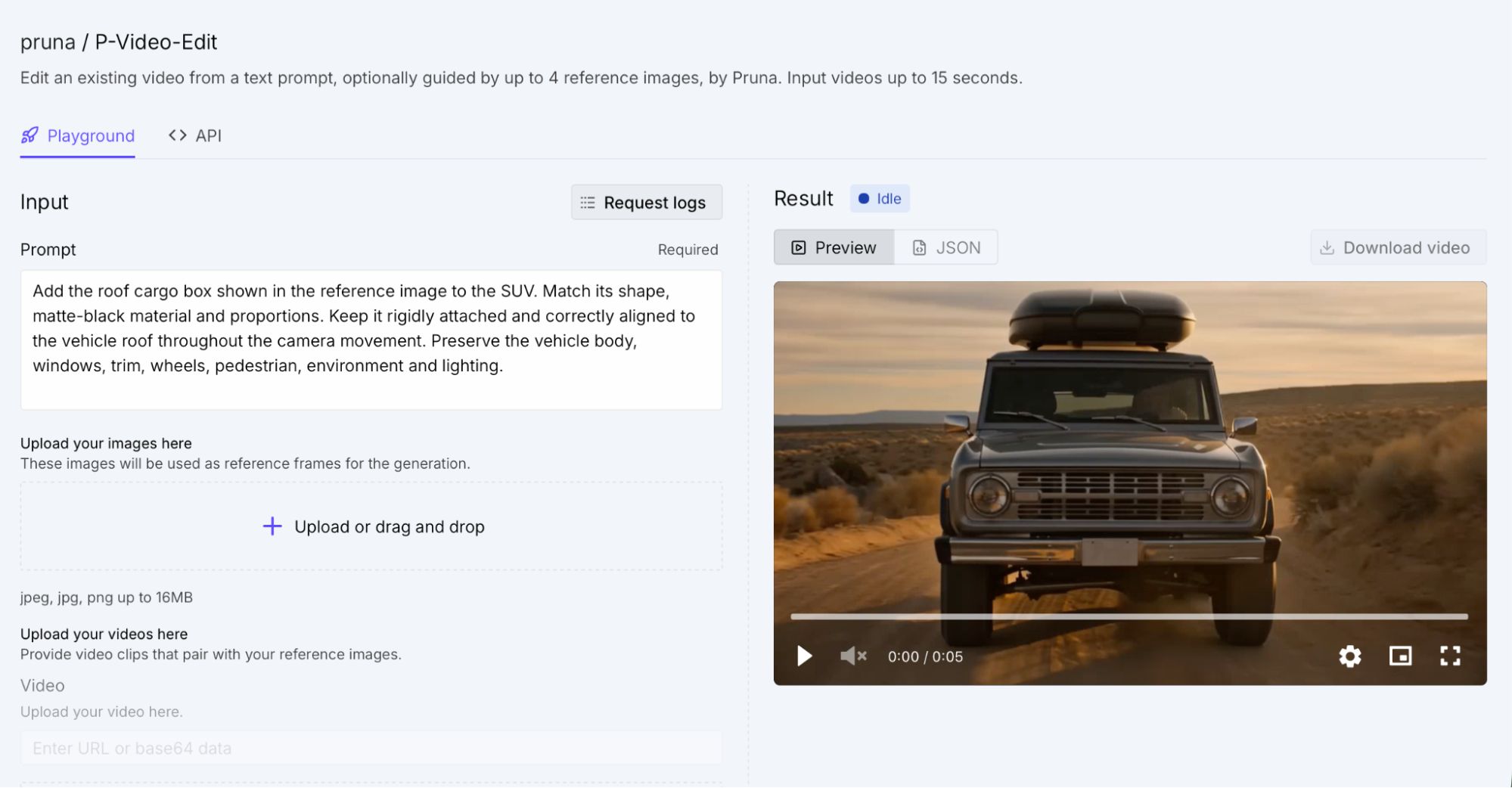 Runpod P-Video-Edit Playground showing a prompt, upload fields, and generated SUV video