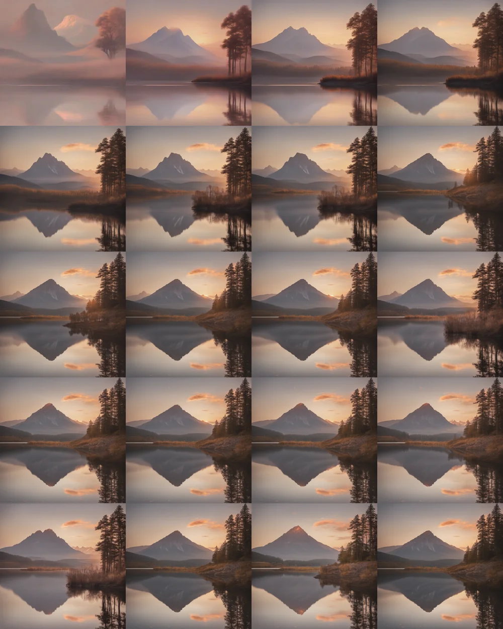 Grid of AI-generated mountain lake scenes with pine trees at sunset
