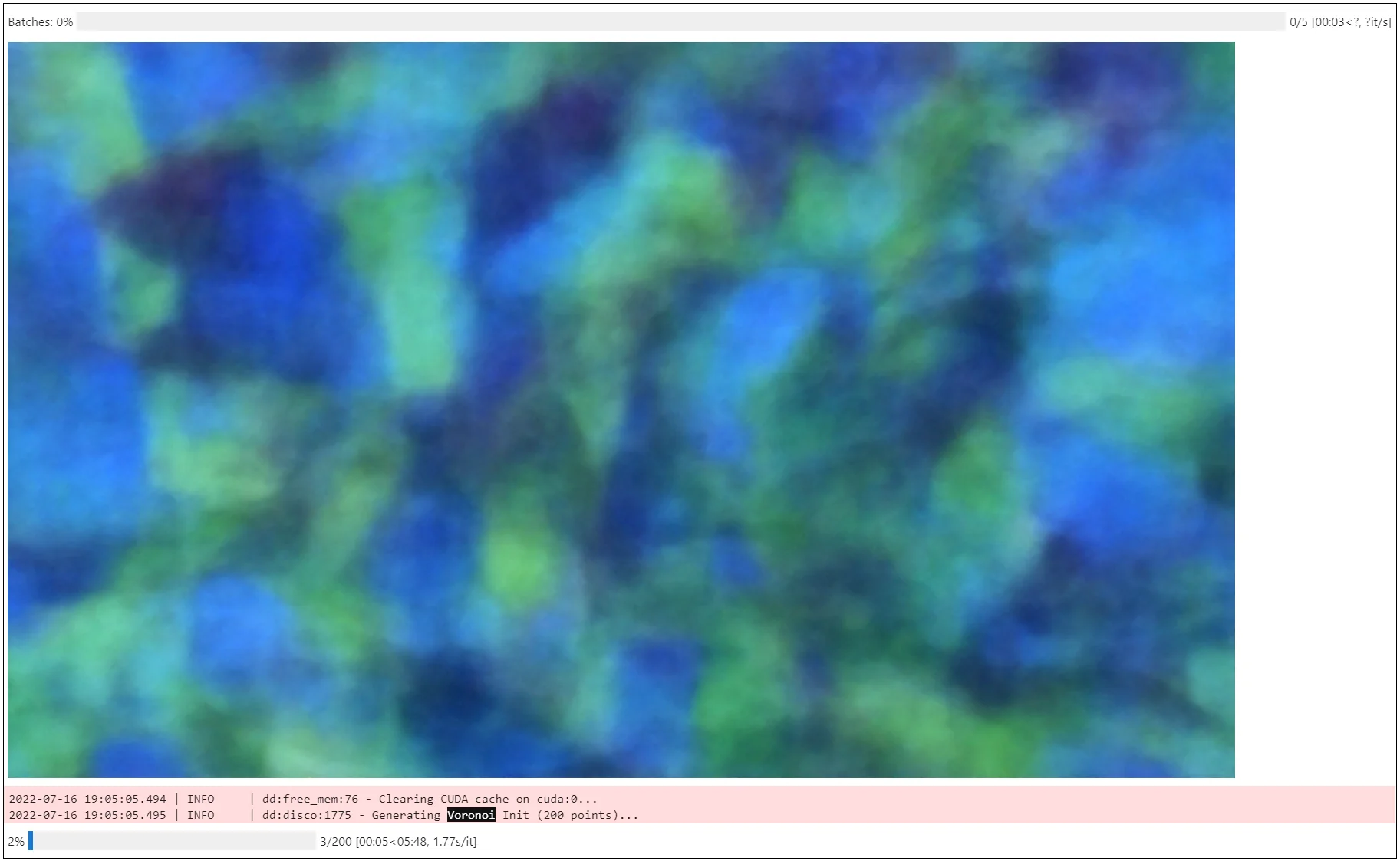 Blurry blue and green Voronoi noise init image in the Disco Diffusion progress view