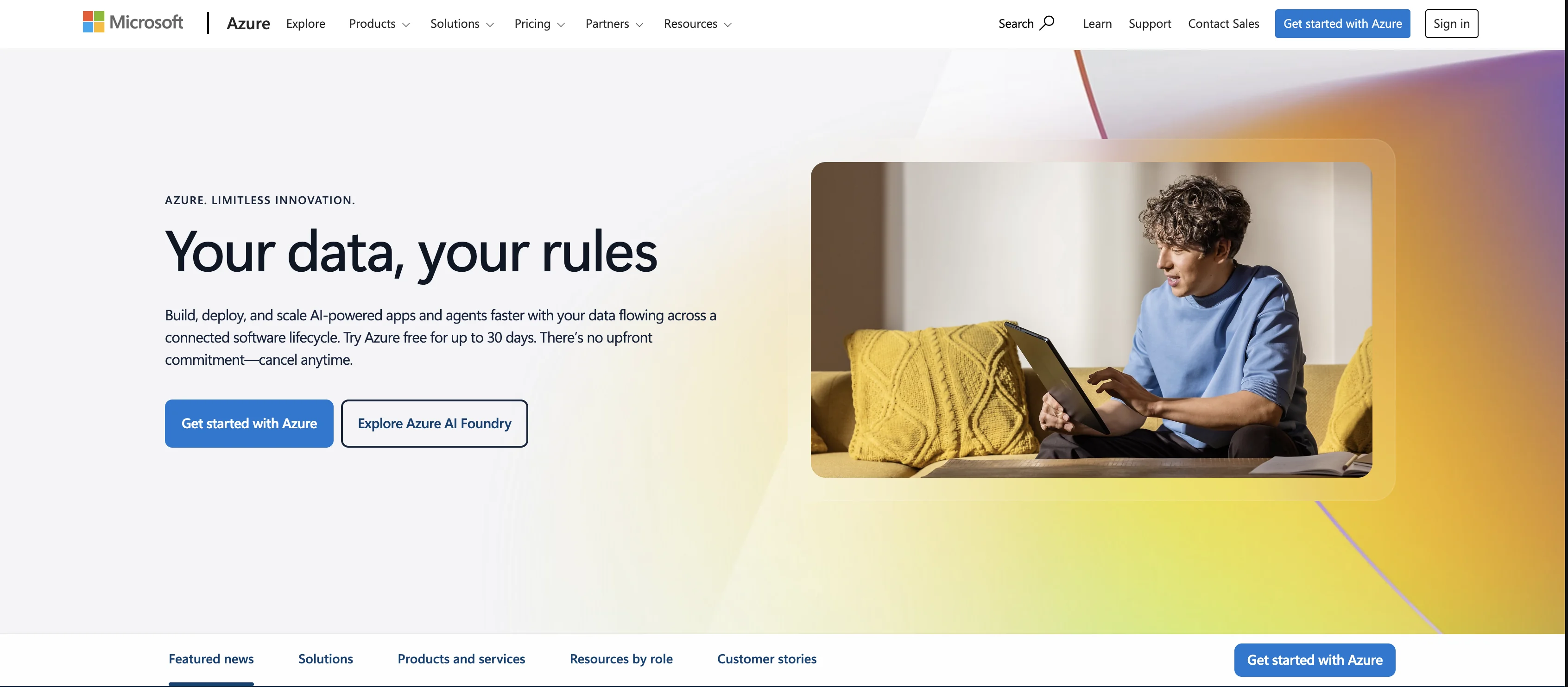 Microsoft Azure homepage with the headline Your data, your rules