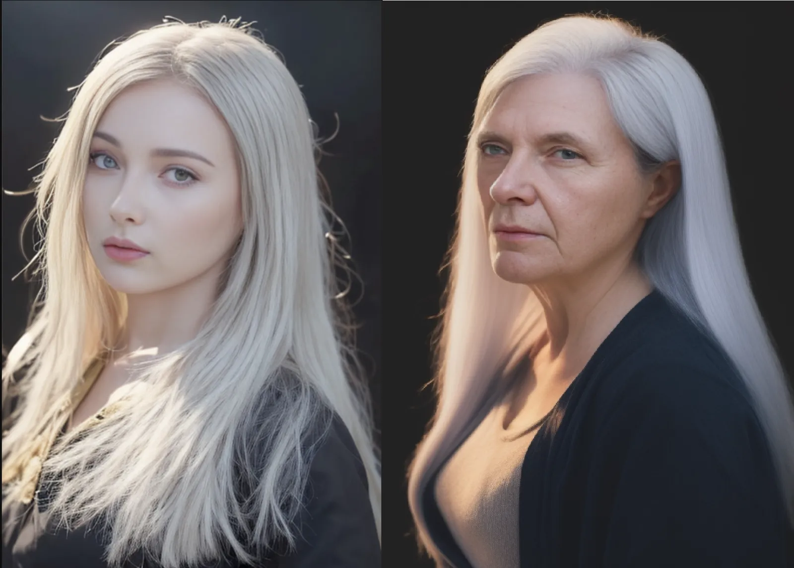 Side-by-side AI-generated portraits of a young woman and an older woman, both with long white hair
