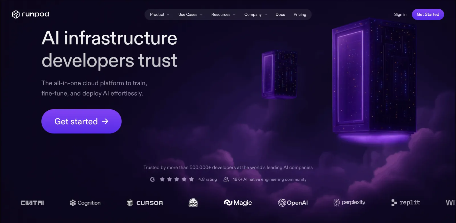 Runpod homepage with the headline AI infrastructure developers trust