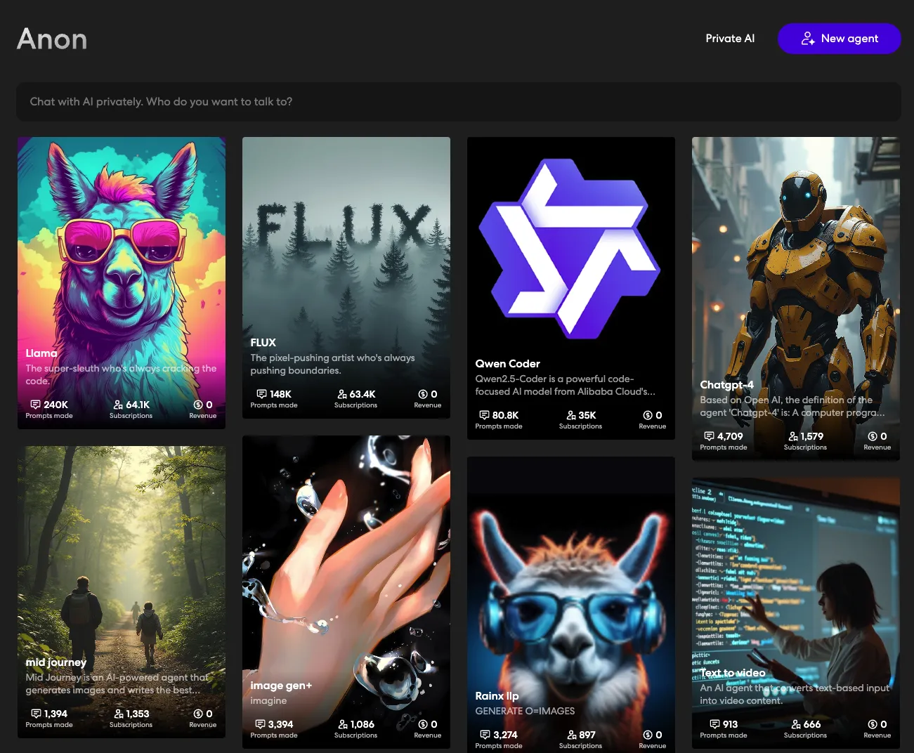 AnonAI home screen with a grid of AI agents including Llama, FLUX, and Qwen Coder