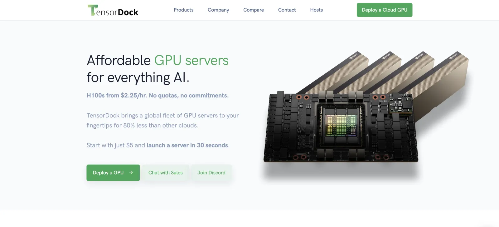 TensorDock homepage with the headline Affordable GPU servers for everything AI
