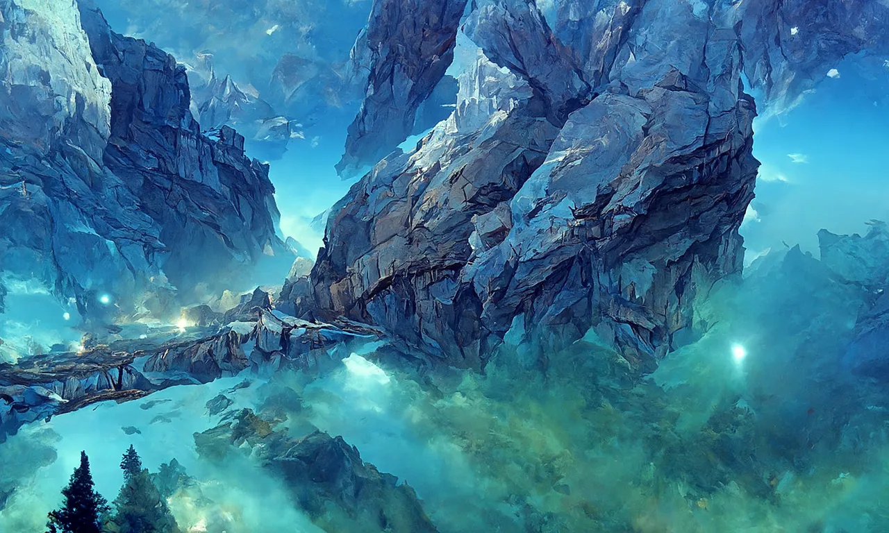 AI-generated artwork of blue rock cliffs and a bridge above a glowing teal misty chasm