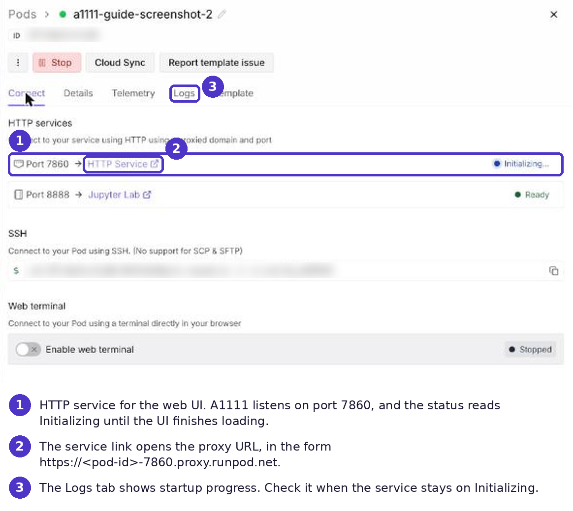 The Pod Connect panel showing the port 7860 HTTP service, its proxy link and the Logs tab.