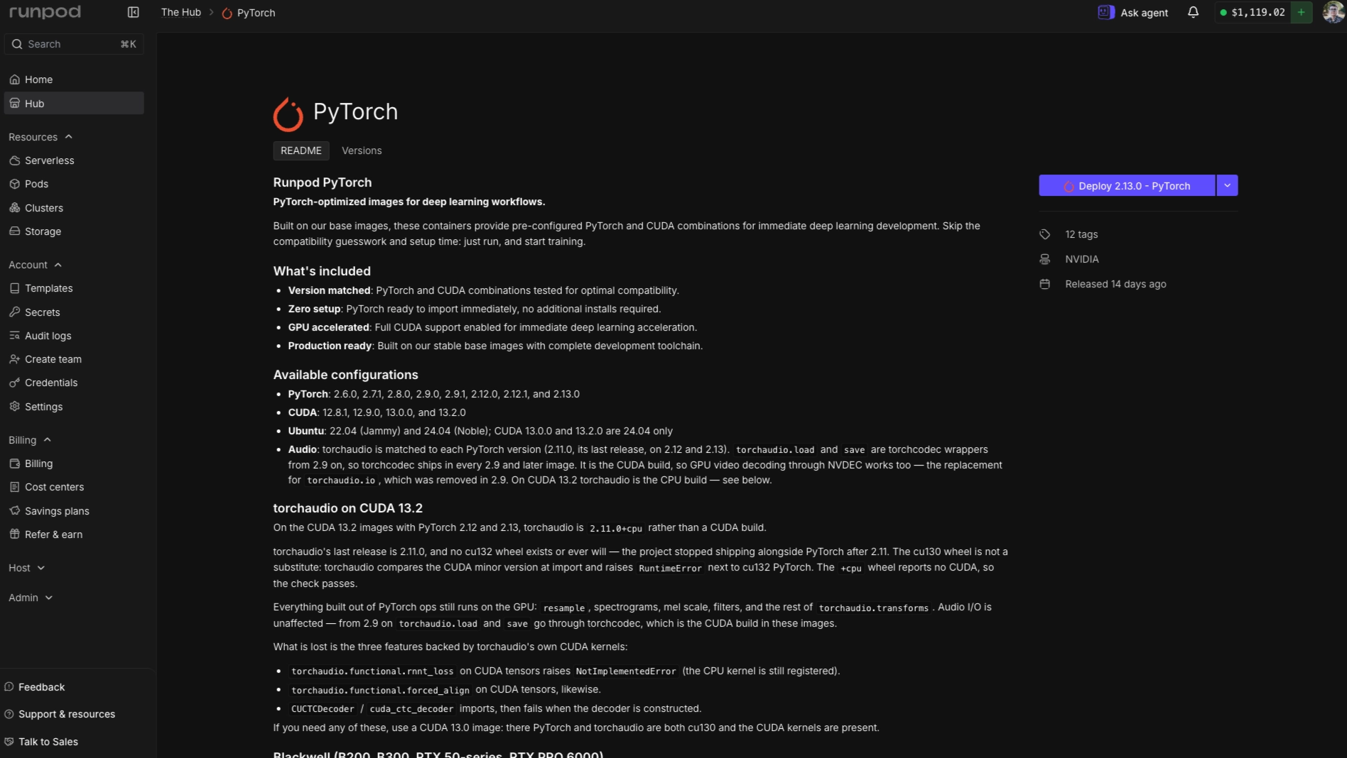 PyTorch template versions listed on the Runpod Hub page