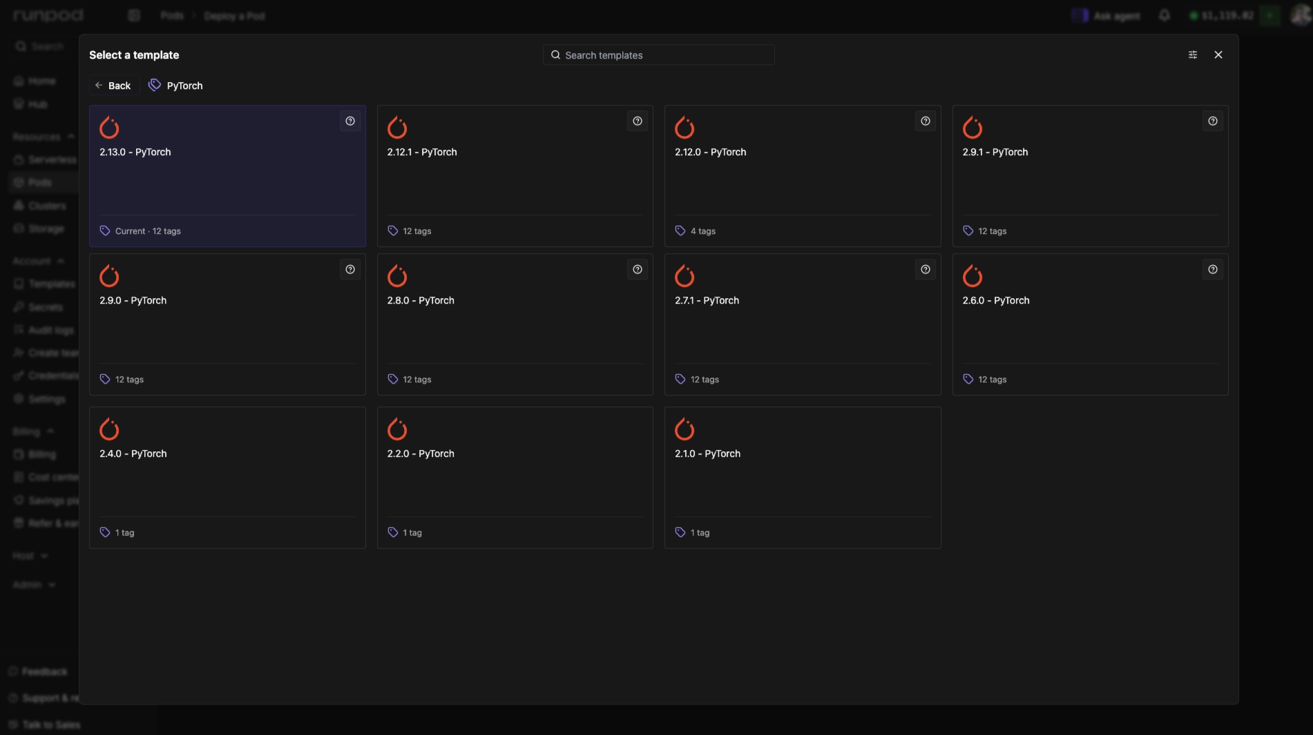 CUDA version dropdown in the Pod deploy flow workload section