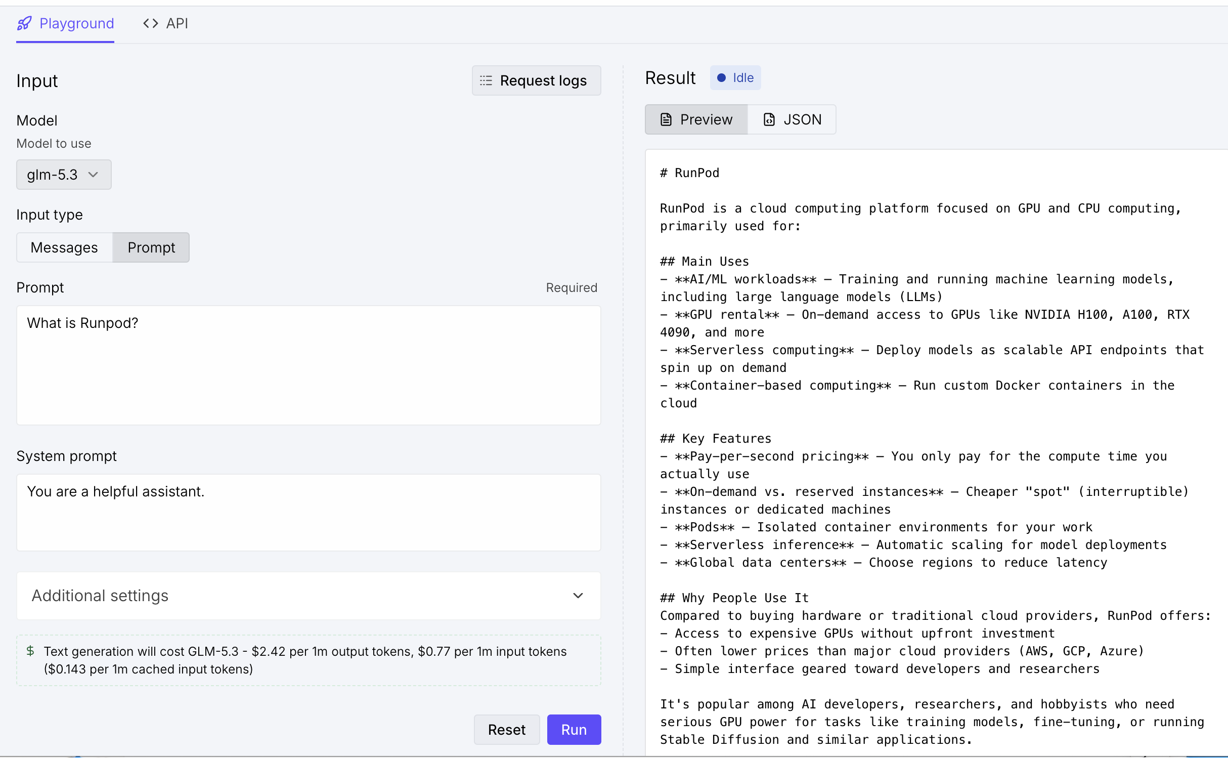 GLM-5.3 in Runpod’s Playground showing the prompt and model response