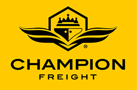 Champion Freight logo with crown in a hexagon and wings on yellow background.