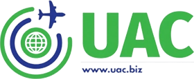 UAC logo with green letters and a blue airplane circling a globe icon.