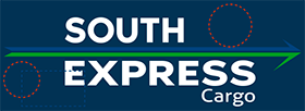 South Express Cargo logo with white text and green arrow on dark blue background.