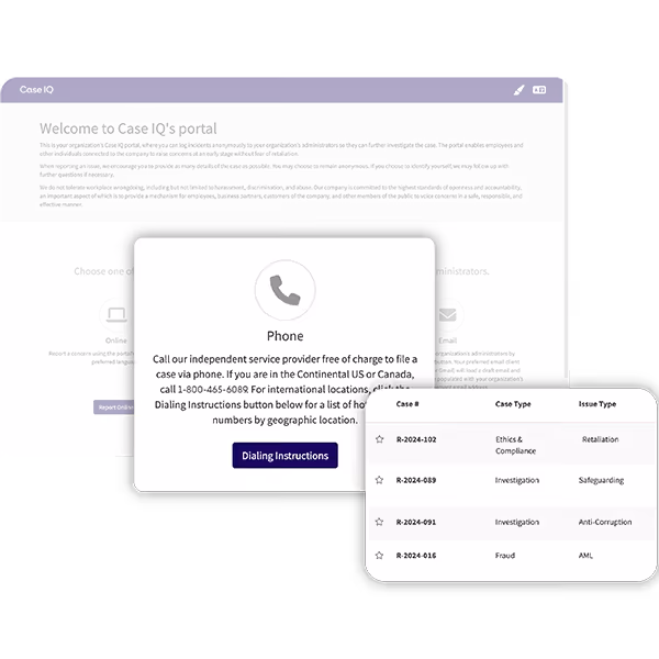 Case IQ whistleblower hotline dashboard showing anonymous report submission form with multi-channel intake options for compliance teams