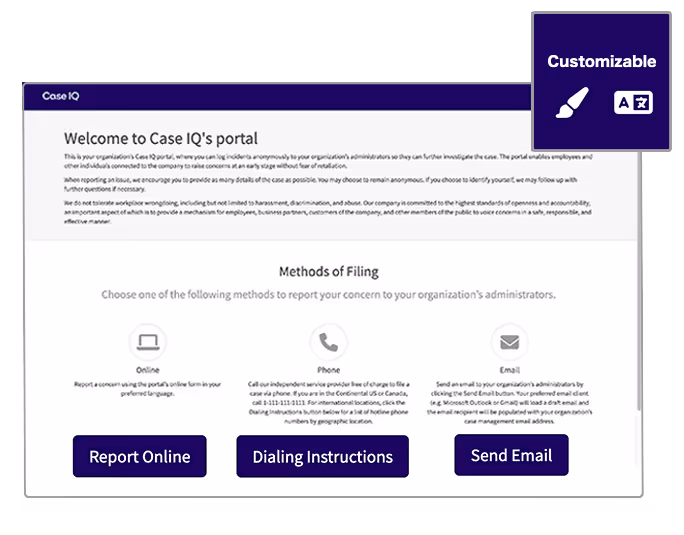 Case IQ speak-up culture analytics dashboard showing report volume trends, category breakdown, and response time metrics for compliance leaders