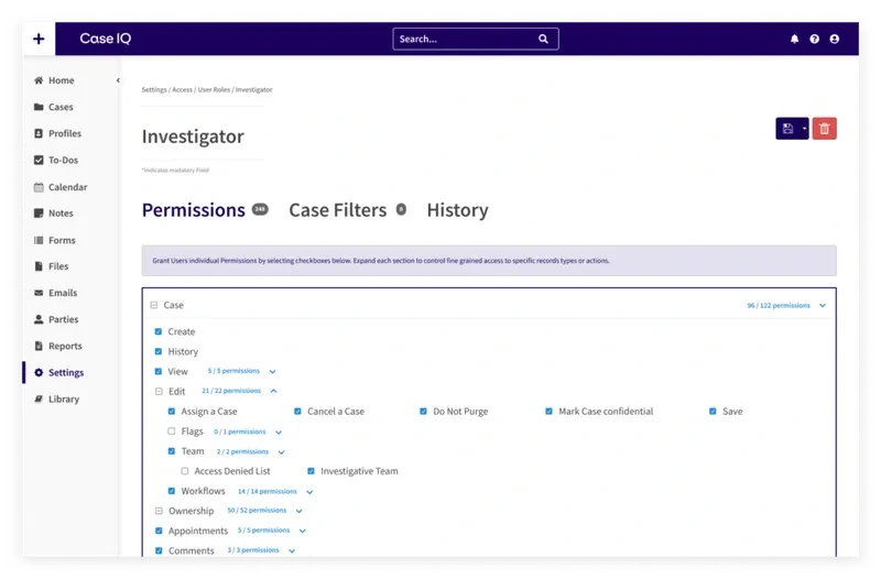 screenshot of application access crontrols