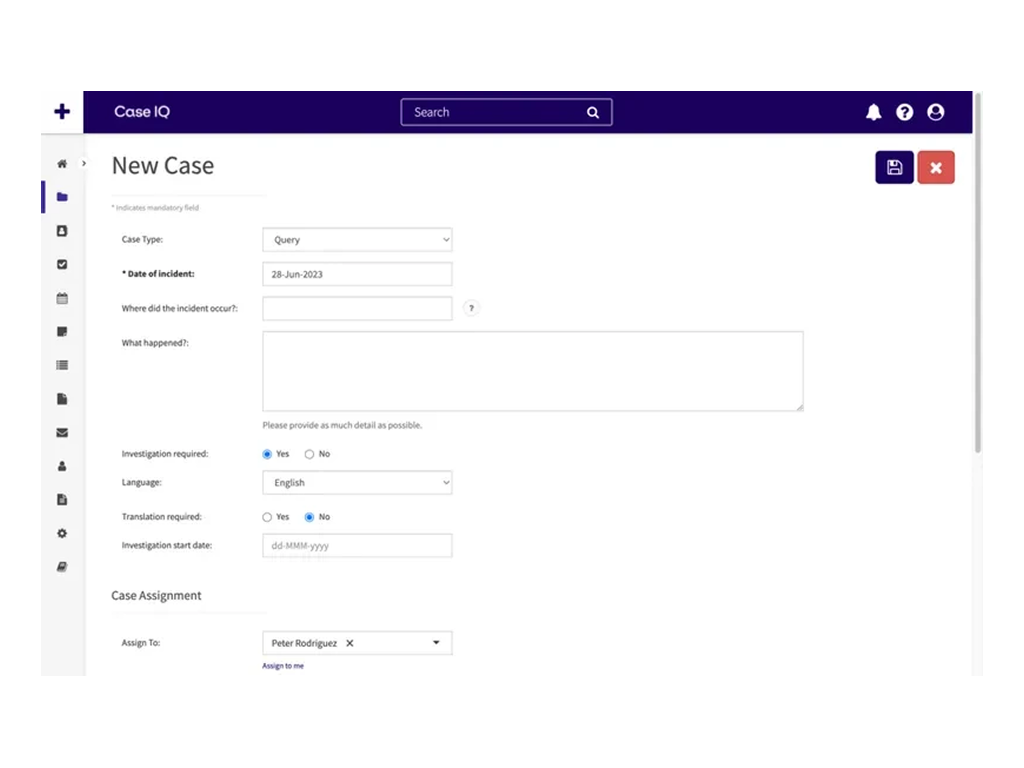 application screenshot case intake form