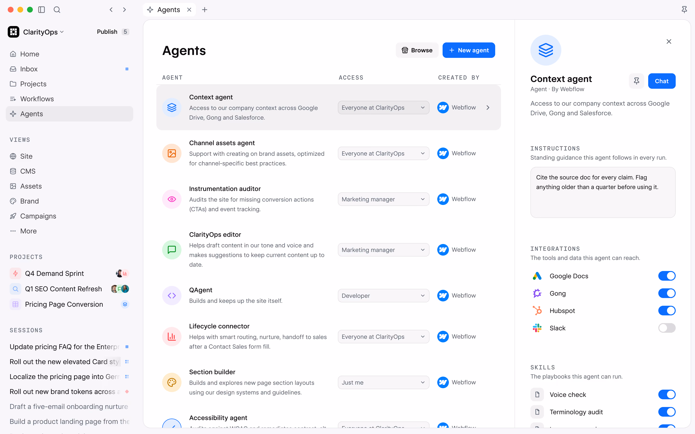 Webflow Source Agents view: a list of agents with role-based access, instructions, integrations and skills