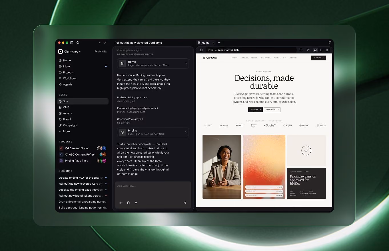 Webflow Source: eine Agenten-Session mit Live-Vorschau der Website