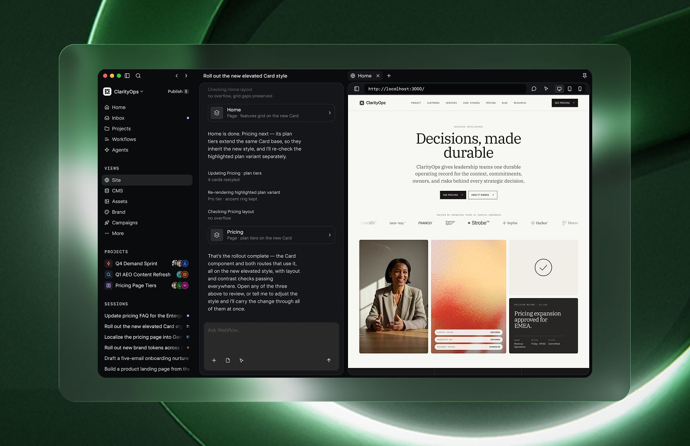 Webflow Source: an agent session with a live preview of the website