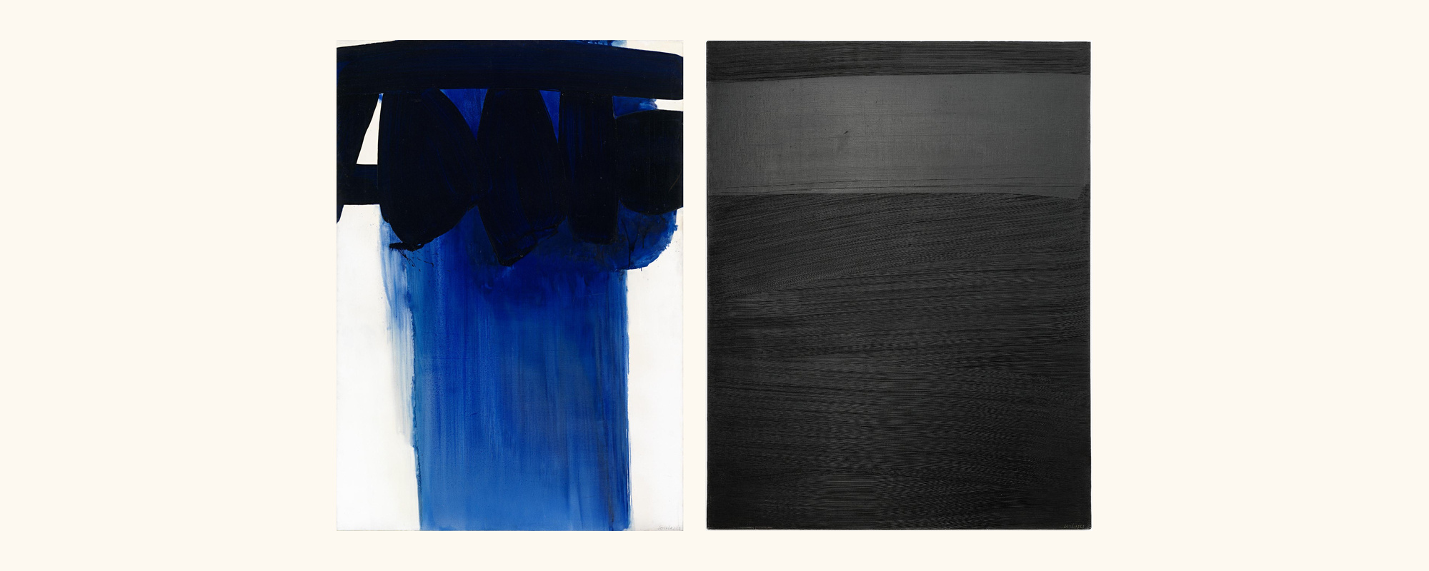 Pierre Soulages, comparaison de deux peintures de 1967 et du 14 avril 1979. Reproductions NGV et musée Fabre.