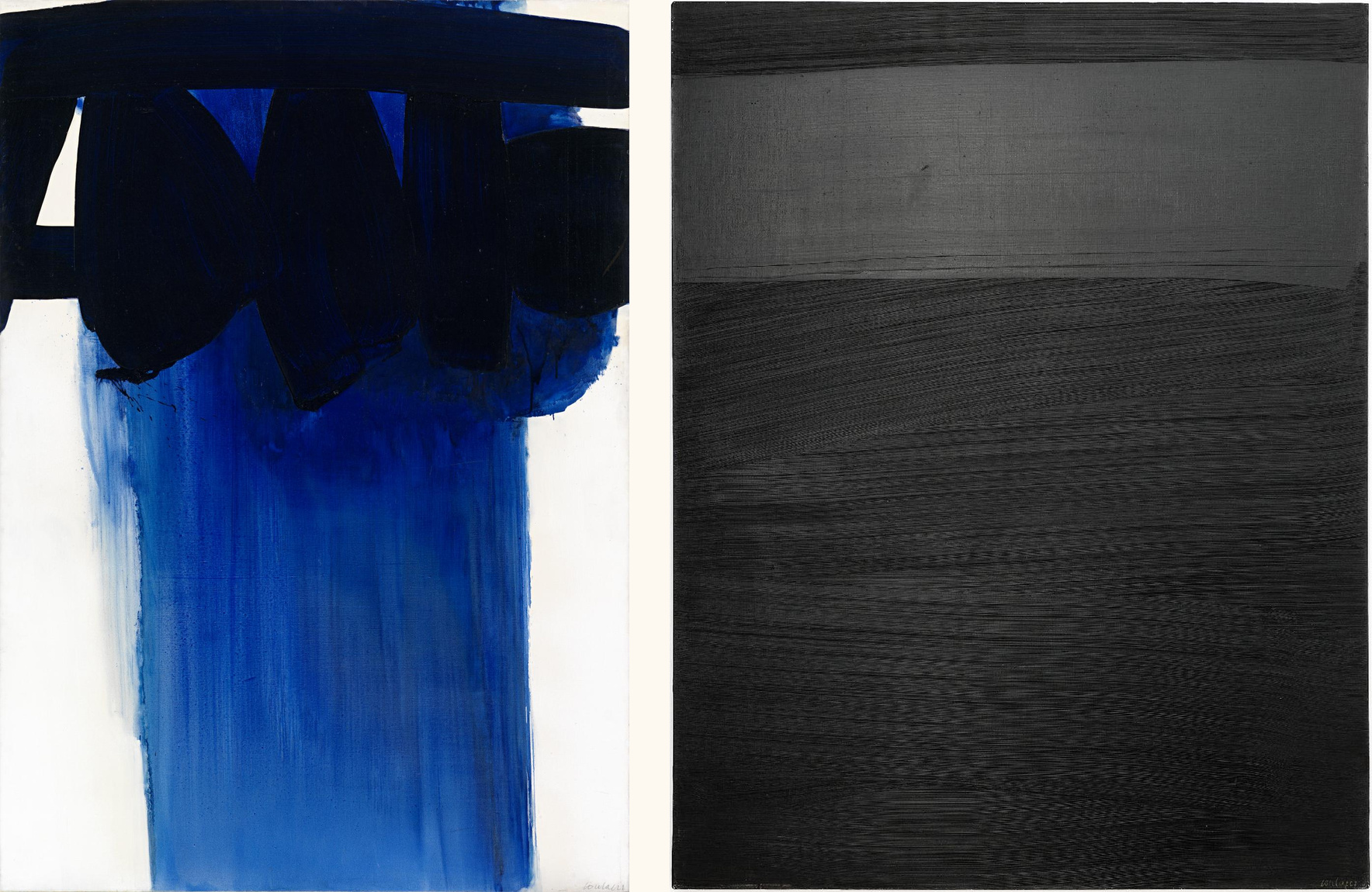 Deux peintures de Pierre Soulages : noir et bleu en 1967, surface noire et reflets en avril 1979.