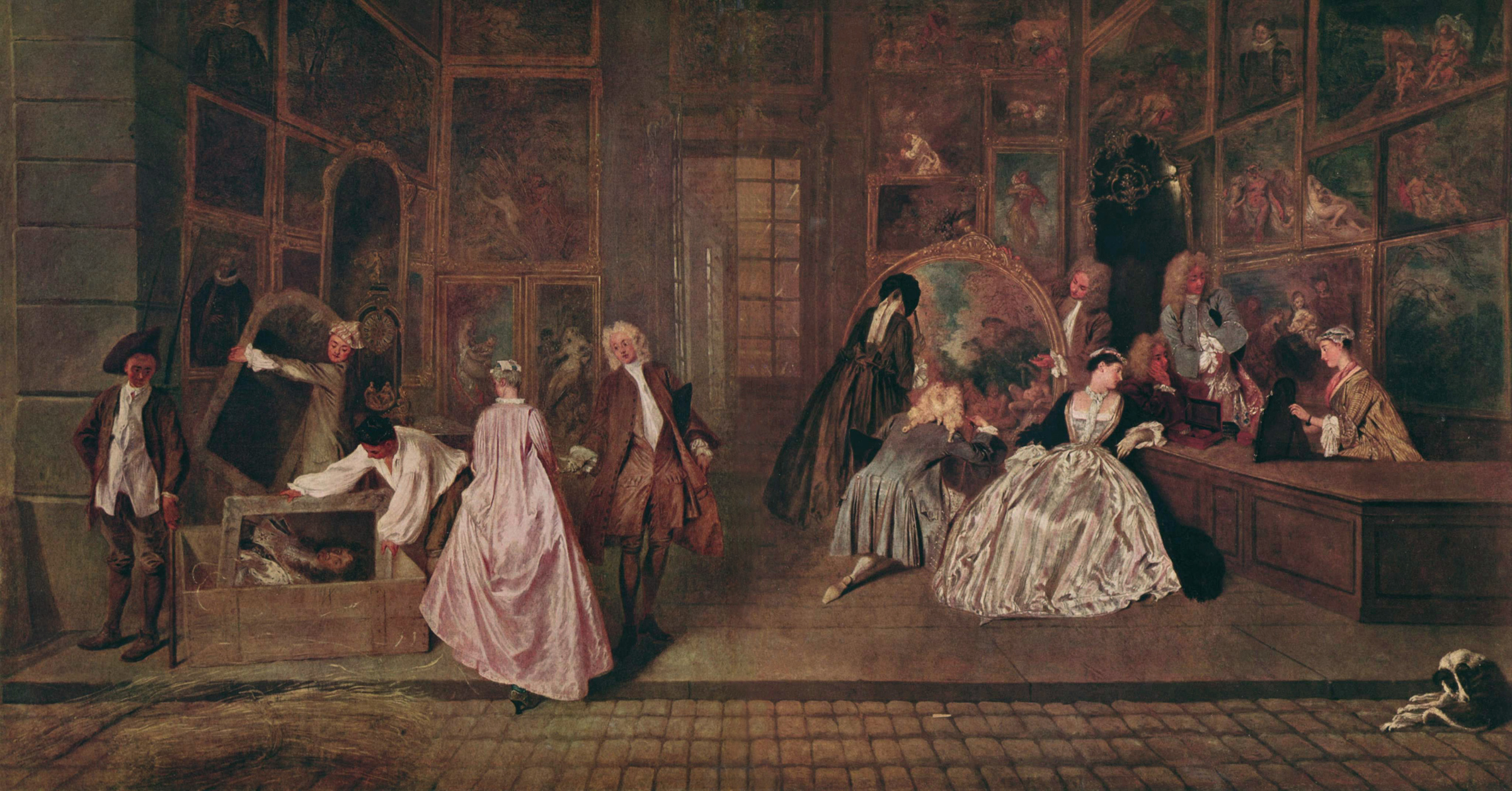 Antoine Watteau, L’Enseigne de Gersaint, 1720 : des visiteurs chez un marchand de tableaux. Domaine public.