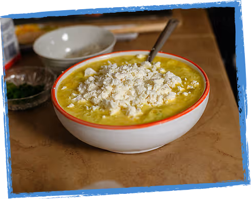 Bowl of soup with feta