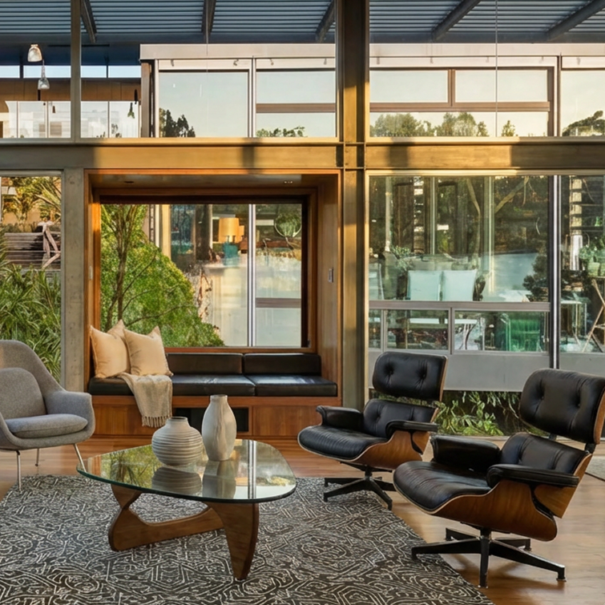 Modern living room with wood-paneled ceiling, glass coffee table, black leather lounge chairs, and colorful abstract paintings on walls.