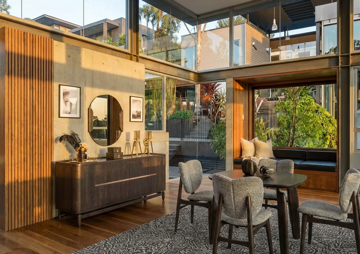 Modern dining area with grey upholstered chairs and a dark wood sideboard featuring a round mirror and decorative items on top.