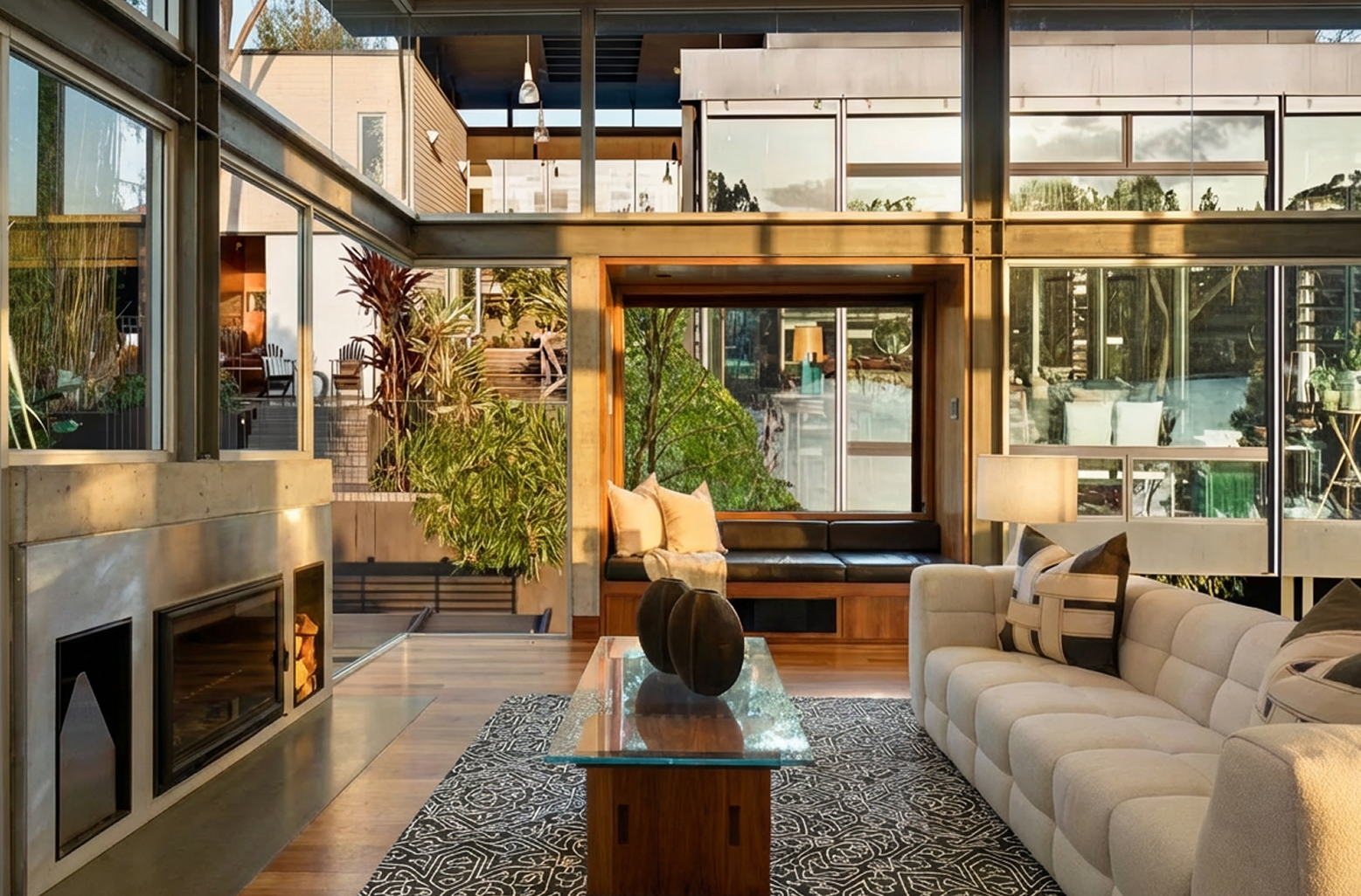 Modern living room with a white tufted sofa, glass coffee table, patterned rug, wooden built-in wall with TV and fireplace, and a window seat with cushions overlooking greenery.