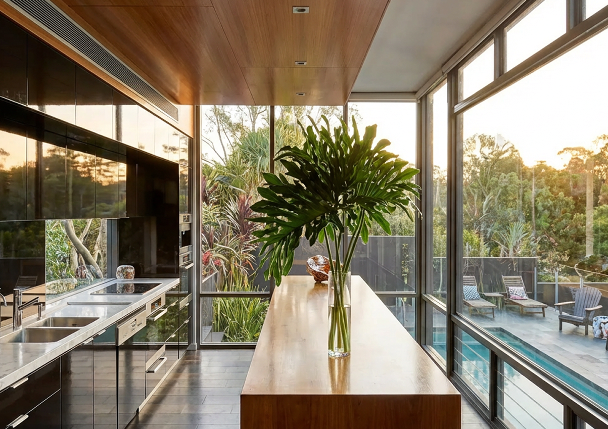 Modern kitchen with stainless steel counters and sinks, wooden ceiling accents, a vase of green leafy plants on the island countertop, and a view into a living area with large windows.