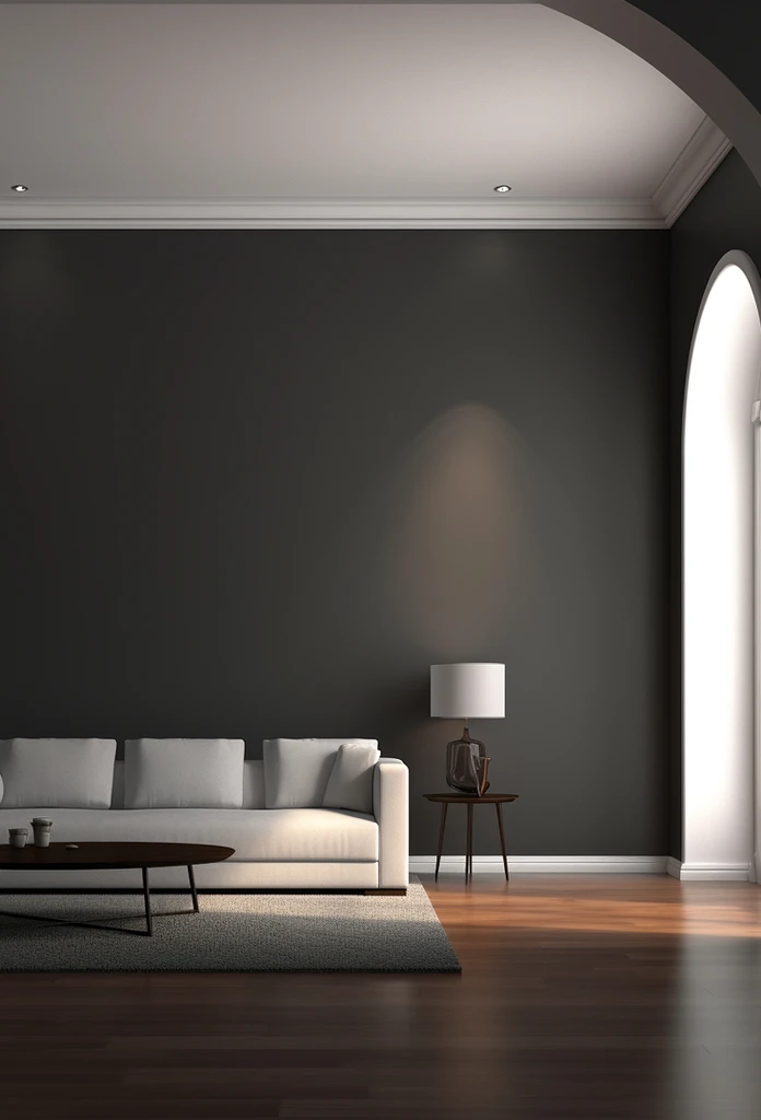 Modern minimalist living room with white sofa, dark wall, wooden coffee table, side table with lamp, and arched doorway letting in natural light.