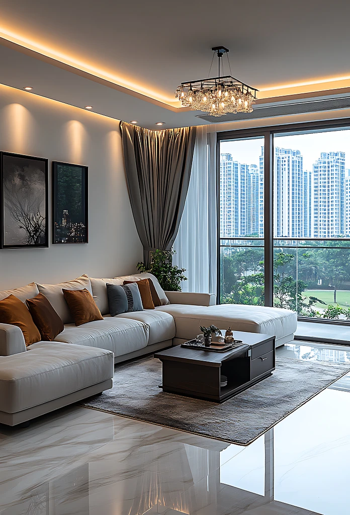Modern living room with a large white sectional sofa accented by brown and gray pillows, a dark wood coffee table on a gray rug, and floor-to-ceiling windows showing city skyscrapers.