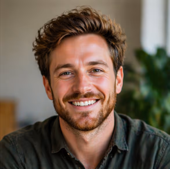 Smiling young man with wavy brown hair and beard wearing a dark green shirt indoors.