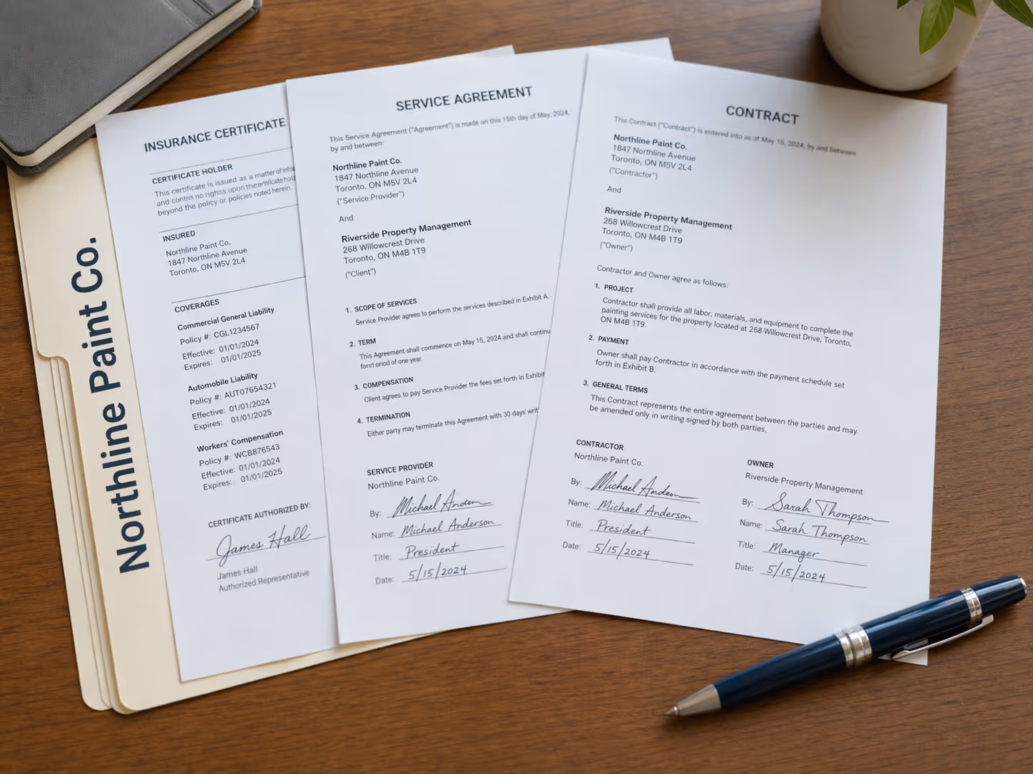 Signed insurance certificate, service agreement, and contract documents for Northline Paint Co. and Riverside Property Management on a wooden table with a pen and plant.