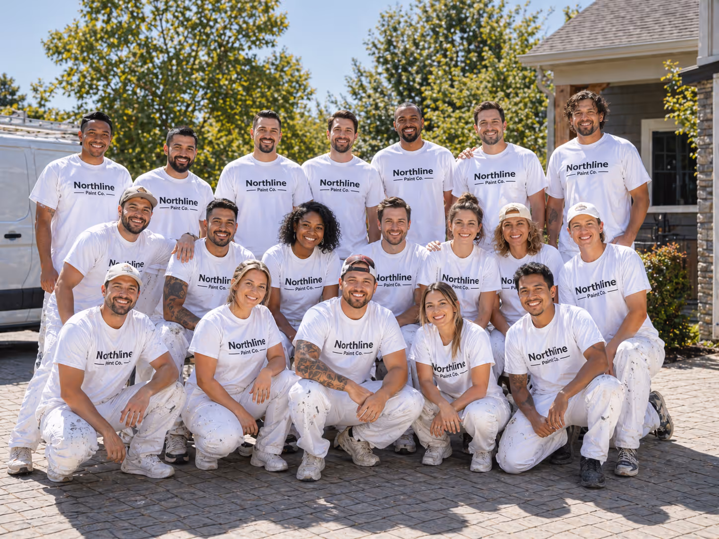 Group photo of 20 smiling painters wearing white Northline Paint Co. t-shirts and paint-splattered white pants, outdoors.