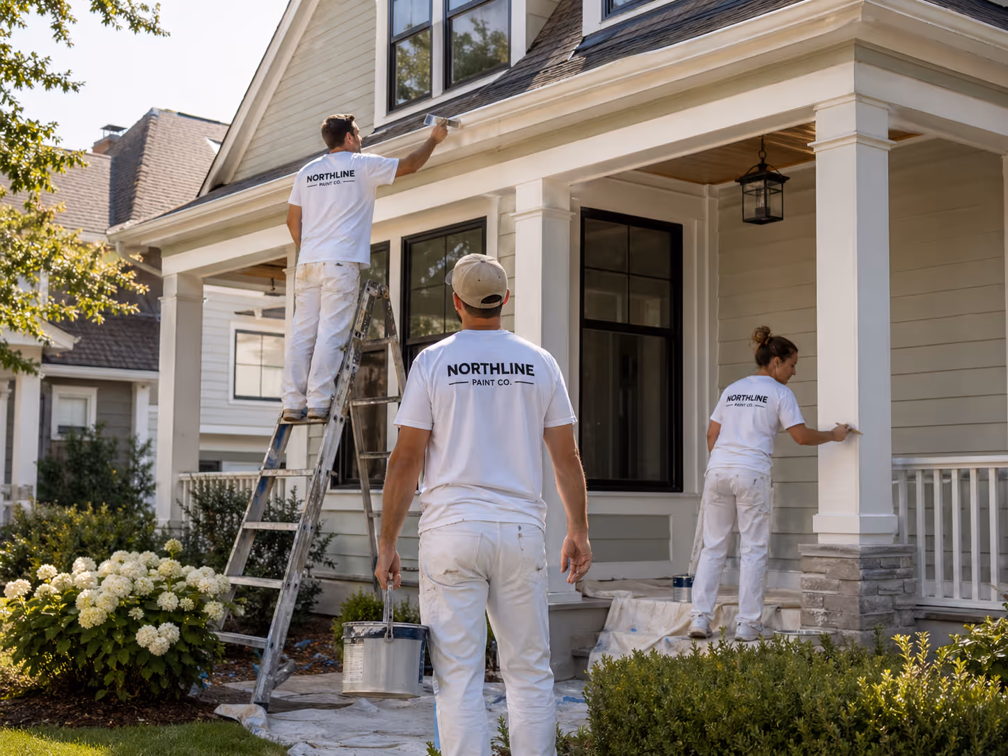 Three painters in white uniforms with 'Northline Paint Co.' logos painting the exterior of a residential house.