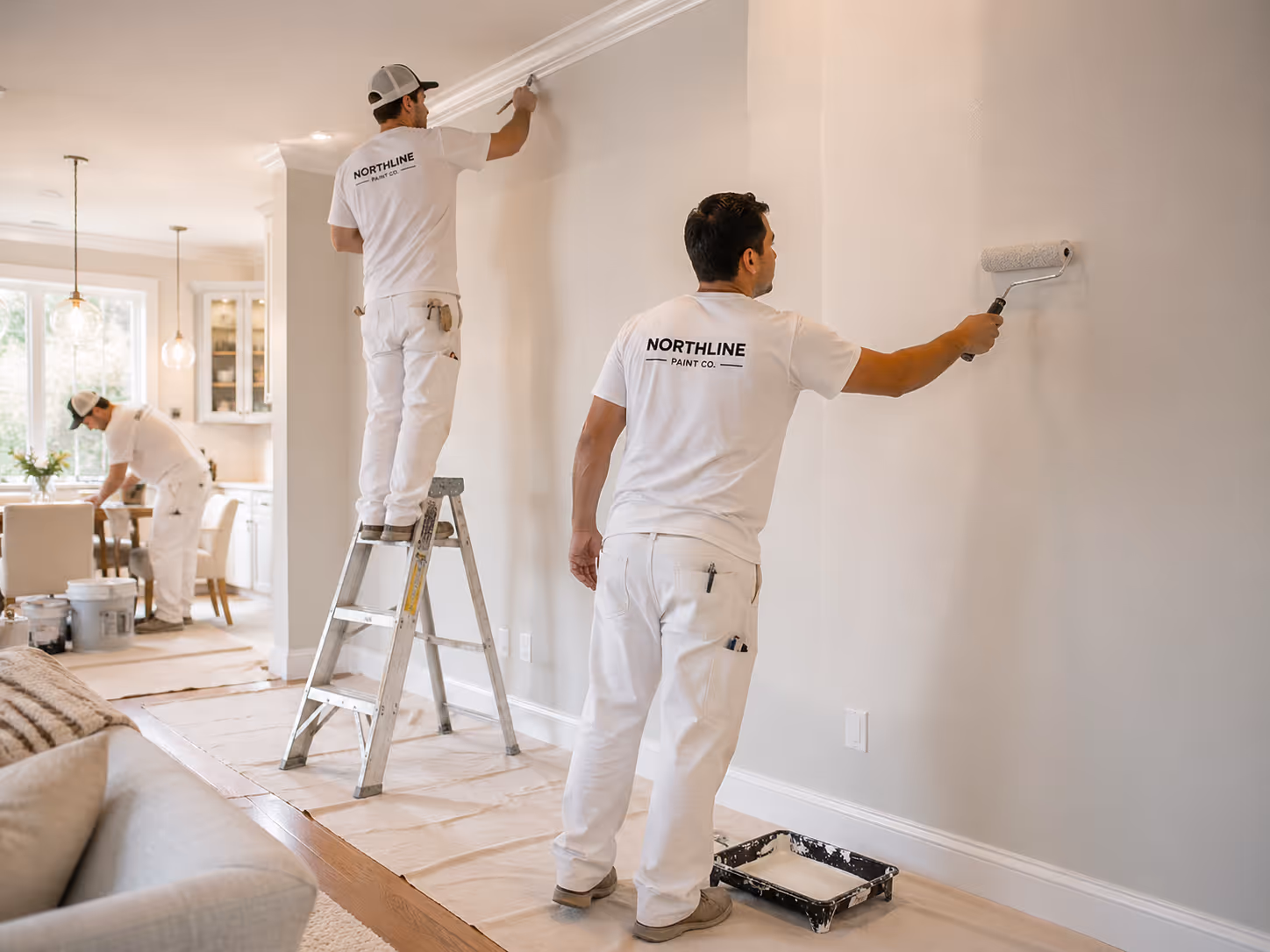 Three painters in white uniforms applying paint to the walls of a bright living and dining area.