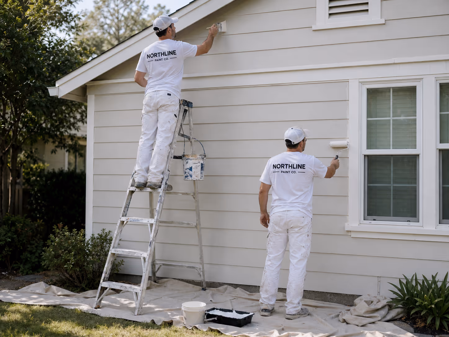 Two painters from Northline Paint Co. painting a house exterior white, one on a ladder and one with a roller near a window.