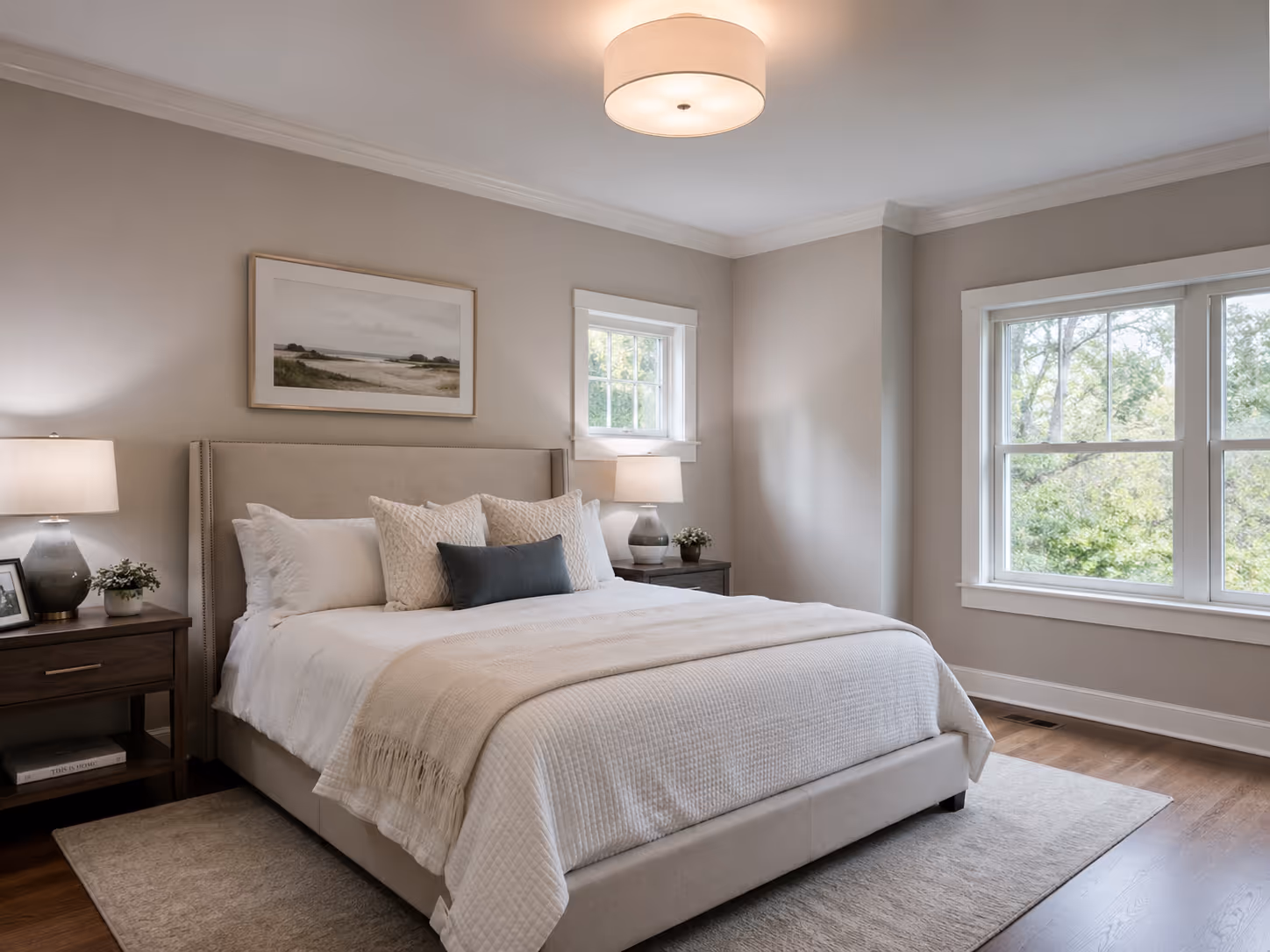 Neutral-toned bedroom with a large upholstered bed, white bedding, two wooden nightstands with lamps, and a window overlooking greenery.
