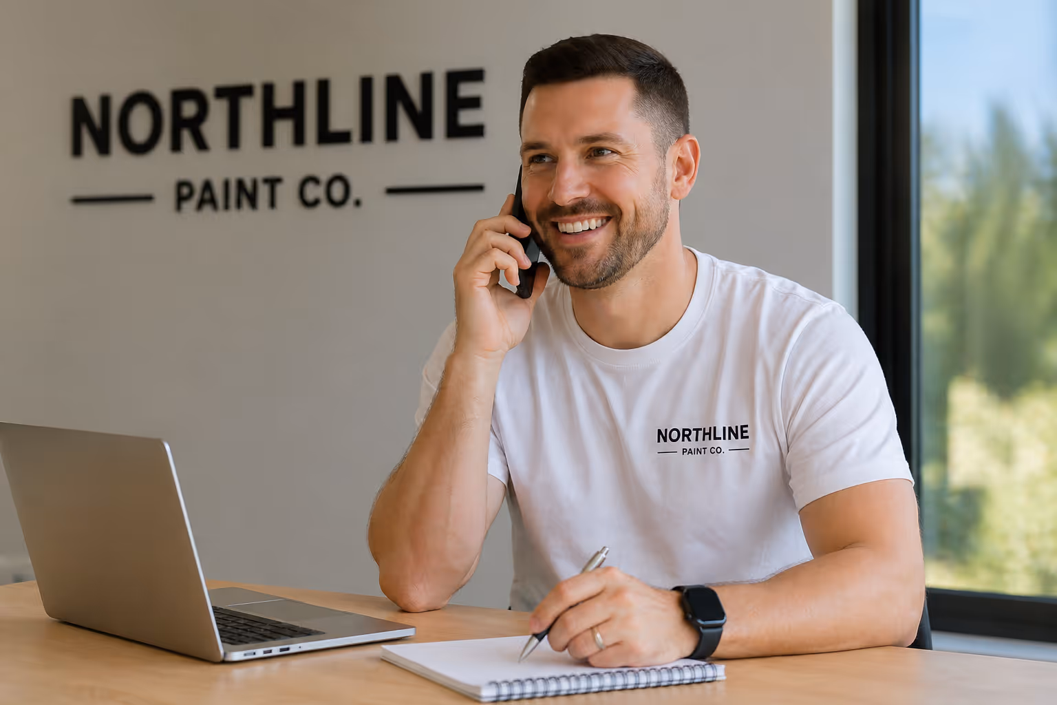 Smiling man wearing a Northline Paint Co. t-shirt talking on a phone with a laptop and notebook on the desk.