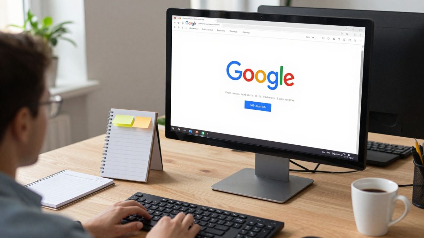 Computer mit Google-Startseite und SEO-Arbeitsplatz Zubehör