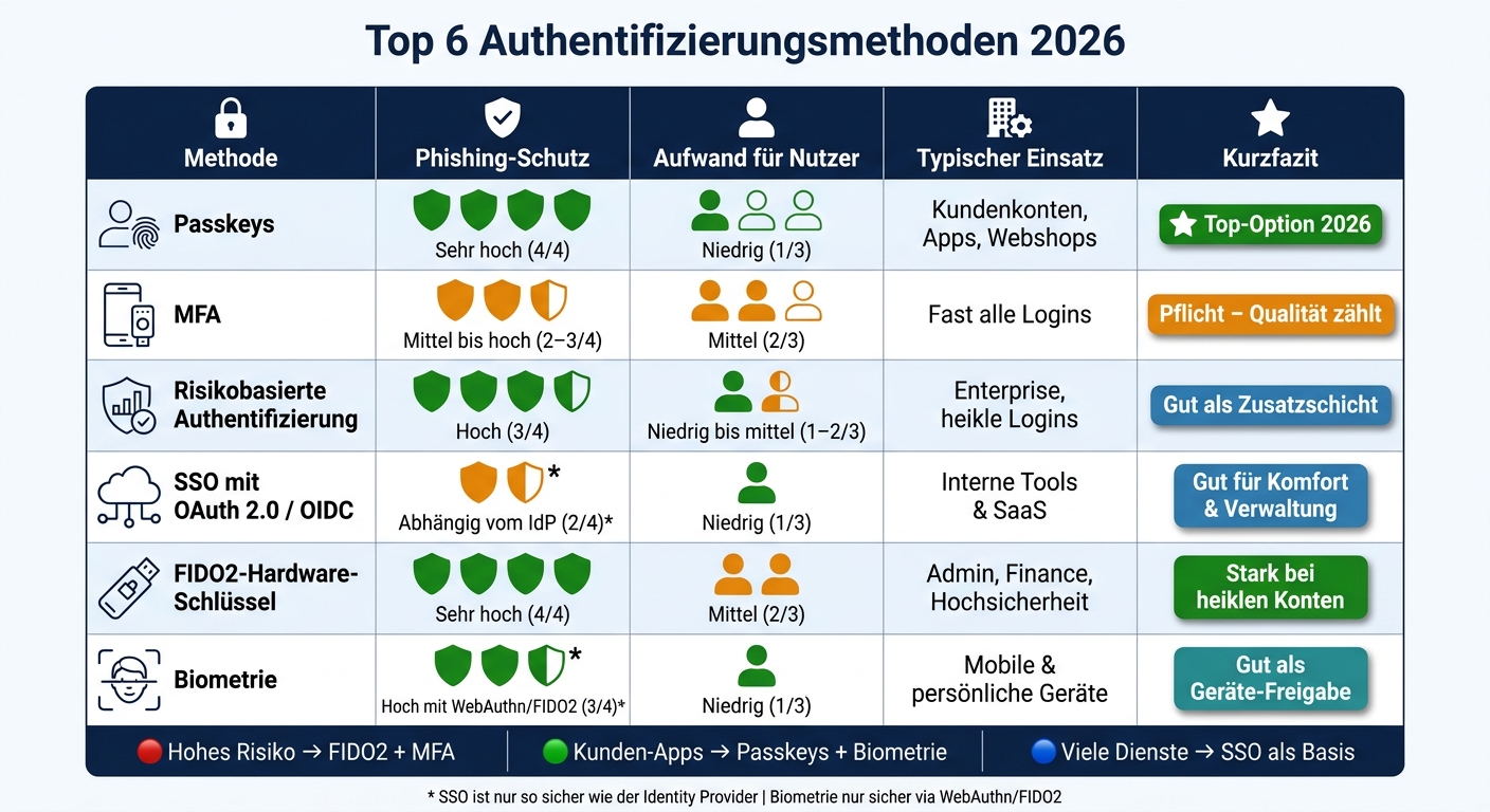 Top 6 Authentifizierungsmethoden 2026: Sicherheit & Aufwand im Vergleich