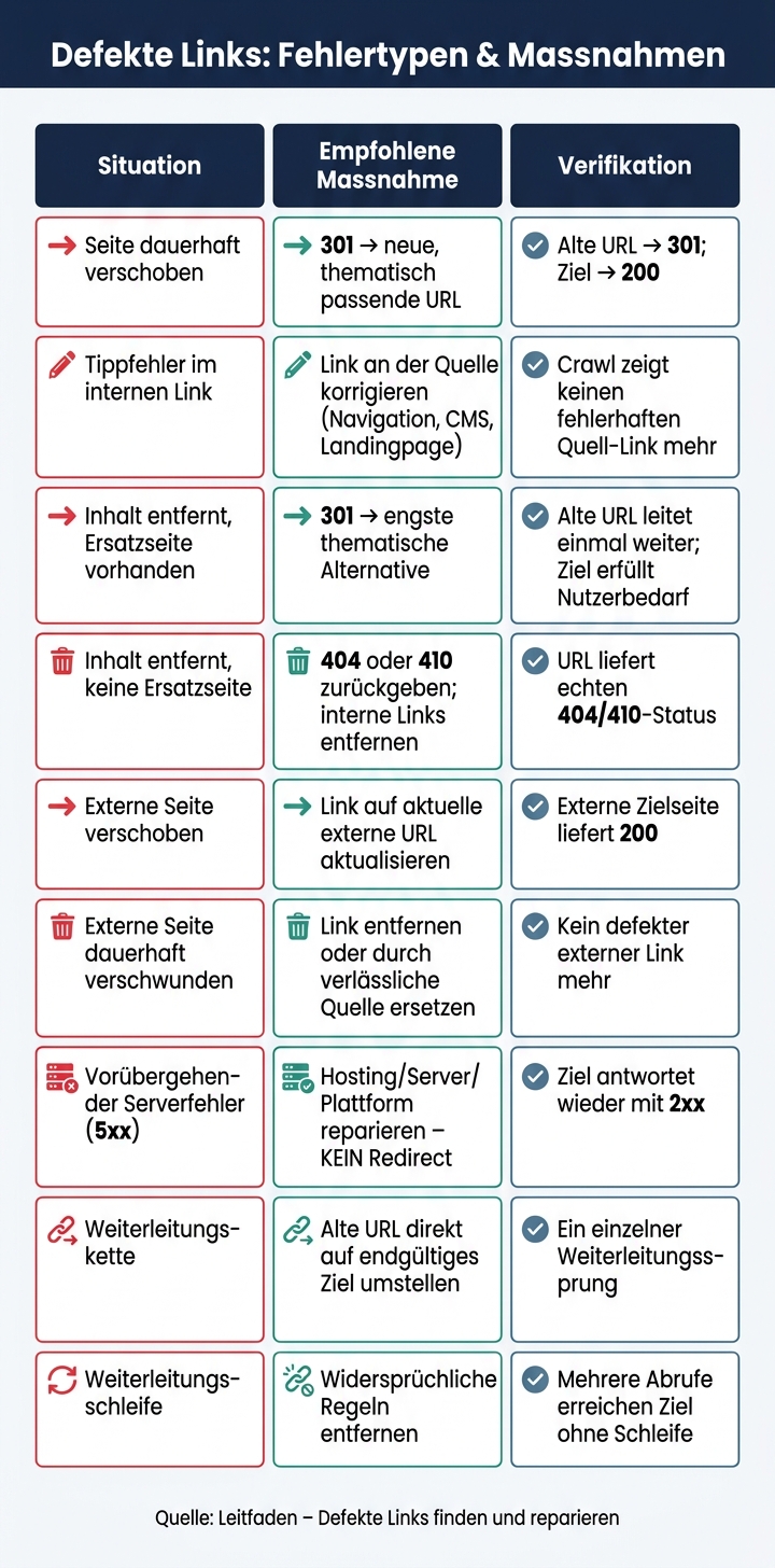 Defekte Links: Fehlertypen und die richtige Massnahme auf einen Blick
