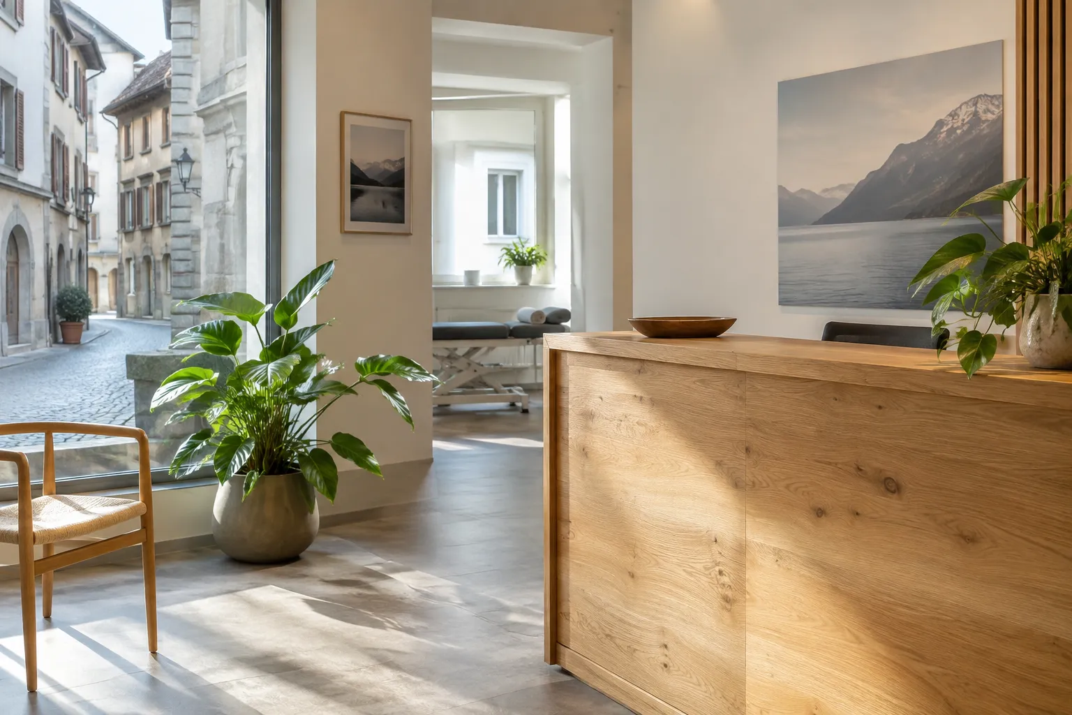 Empfang einer Therapiepraxis mit Blick auf eine Schweizer Altstadt
