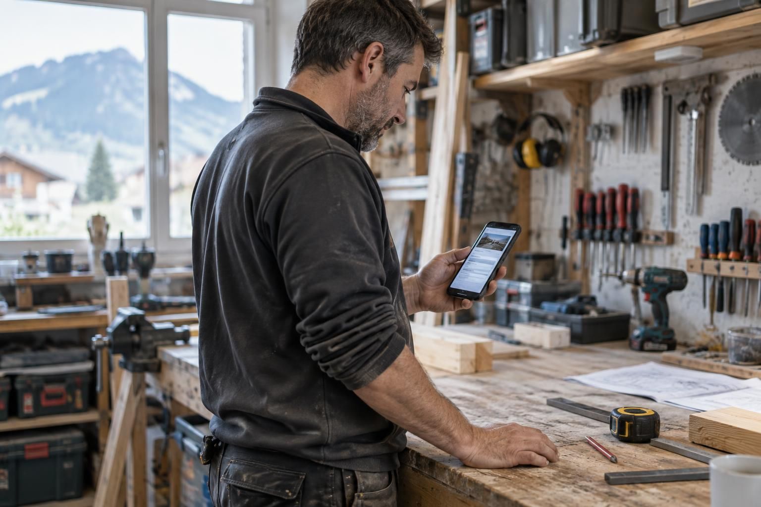 Handwerker prüft auf dem Smartphone die Zielseite seiner Google-Ads-Anzeige